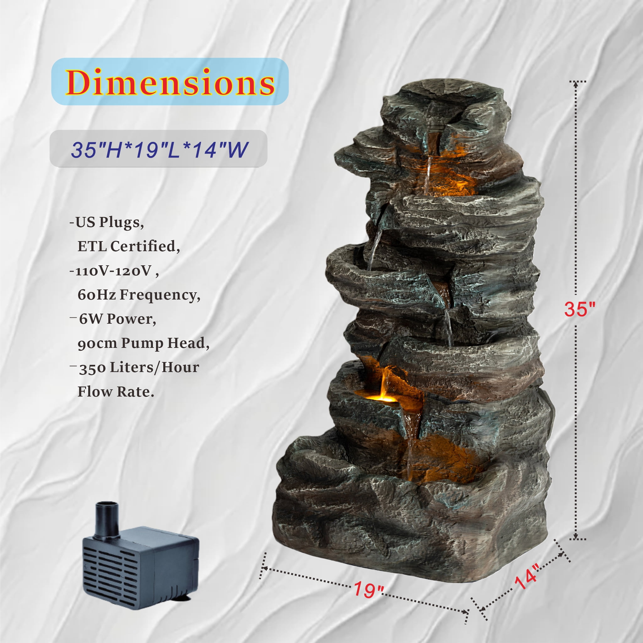 6-Tier Outdoor Cascading Stone Water Fountain with 3 LED Lights, Freestanding Led Fountain Decor for Garden, Patio, Yard & Deck, Natural Rock Appearance