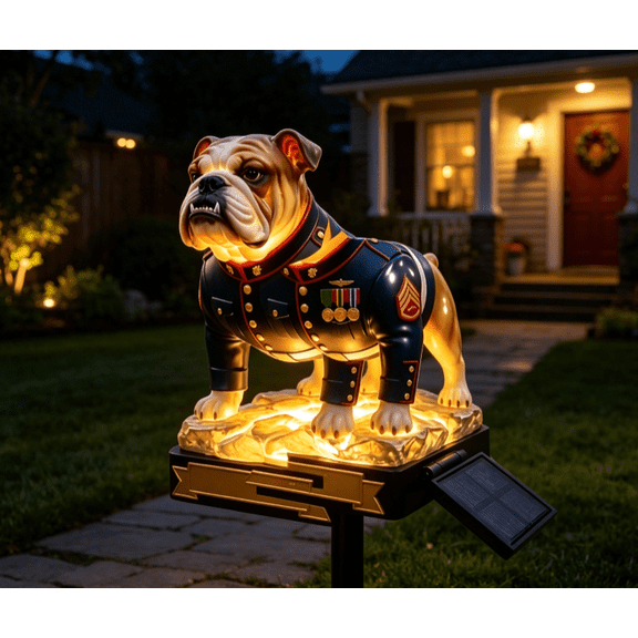9.4'' Bulldog Planter Outdoor Decor with Solar Lamp,Military Memorial Outdoor Decor,Outdoor Sculpture Planters Pots for Patio,Porch and Lawn