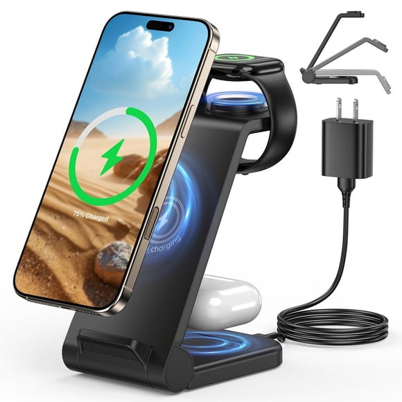 Cshidworld Estación de Carga Inalámbrica Rápida 3 en 1 para iPhone 17/16/15/14, Apple Watch Ultra SE S3-S10, AirPods 4/3/2/ Pro, Plegable, Almohadilla Antideslizante para Múltiples Dispositivos Apple