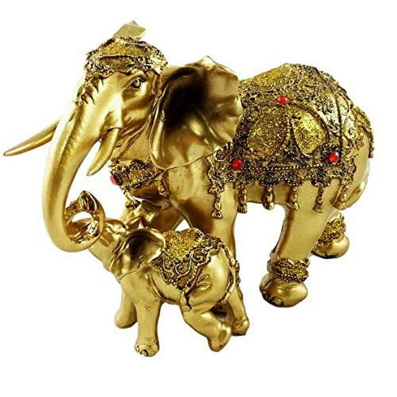 Noble Golden Decorated Elephant Embracing Calf Buddha Figurine Sculpture