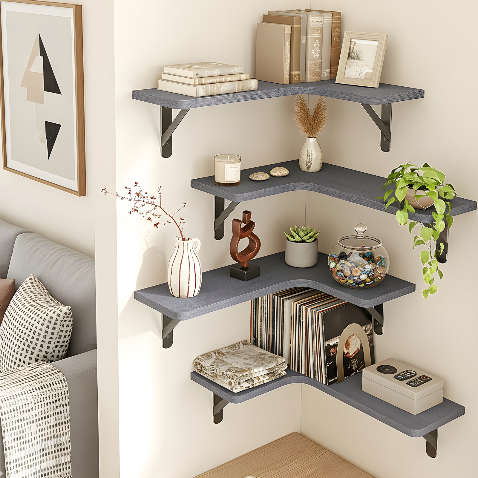 Fairy 5pcs Corner Floating Shelves for Wall, Rustic Wood Wall Shelves, 16.1x11.4 inches, Gray