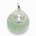 thumbnail image 2 of Natural Green Aventurine Pendants with Platinum Tone Brass Findings Flat Round with Tree of Life 32.5~33x27.5~28x5~6mm Hole: 5x7mm, 2 of 4