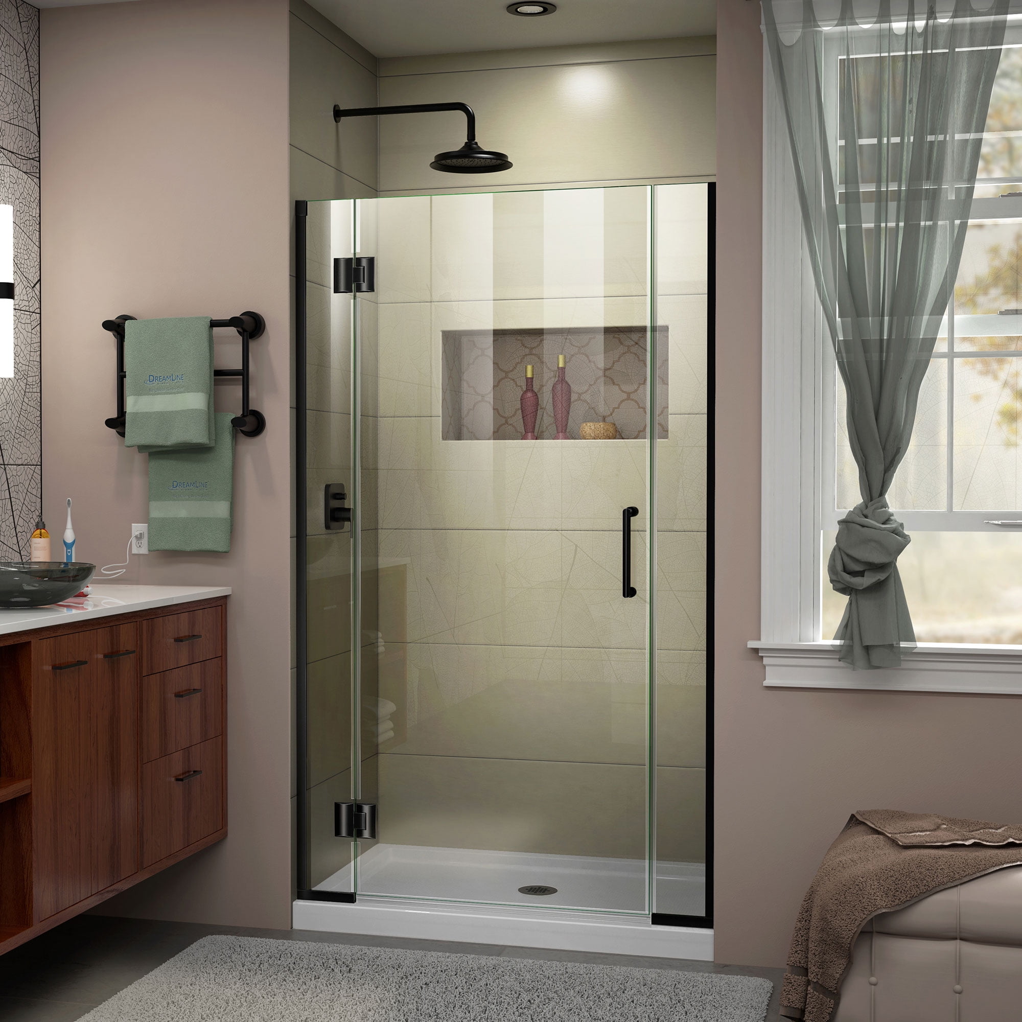 DreamLine Unidoor Toulon 34 - 34 1/2 Inch W X 72 Inch H Frameless Hinged Shower Door In Matte Black