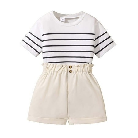 Rhuody outfits for girls 7-8 Years Short Sleeve Casual Striped 2 Piece Set Summer Top Floral Print Bloomer Shorts Round Neck Fashion Girl Clothes White