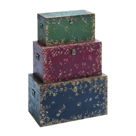 Solid Wood Trunk Set of 3 Assorted Green Red Blue Storage Decor 53899