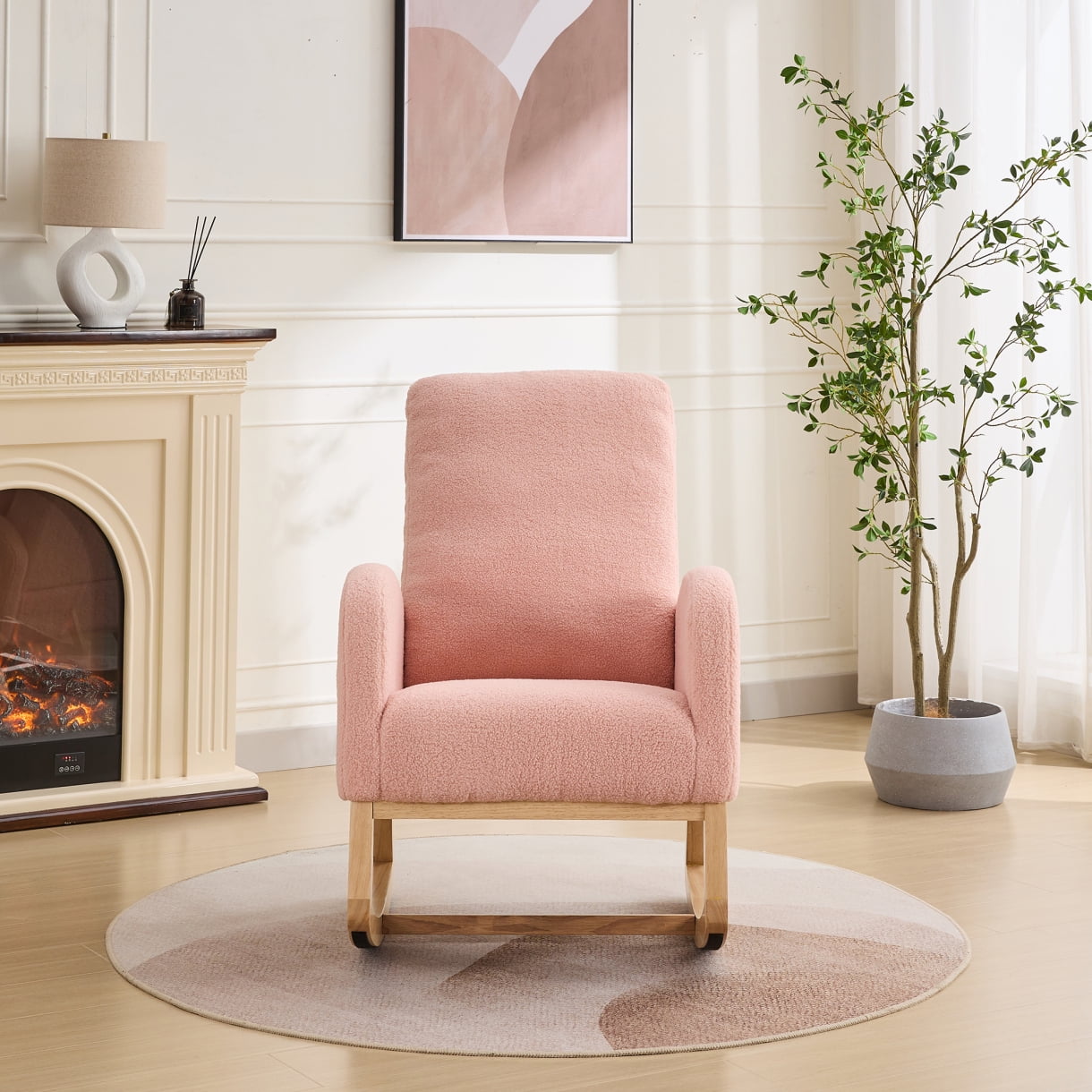 Sherpa Rocking Chair for Nursery with High Back and Side Pocket, 27.2 Inch Glider Accent Armchair with Rubber Wood Legs for Living Room or Bedroom, Pink