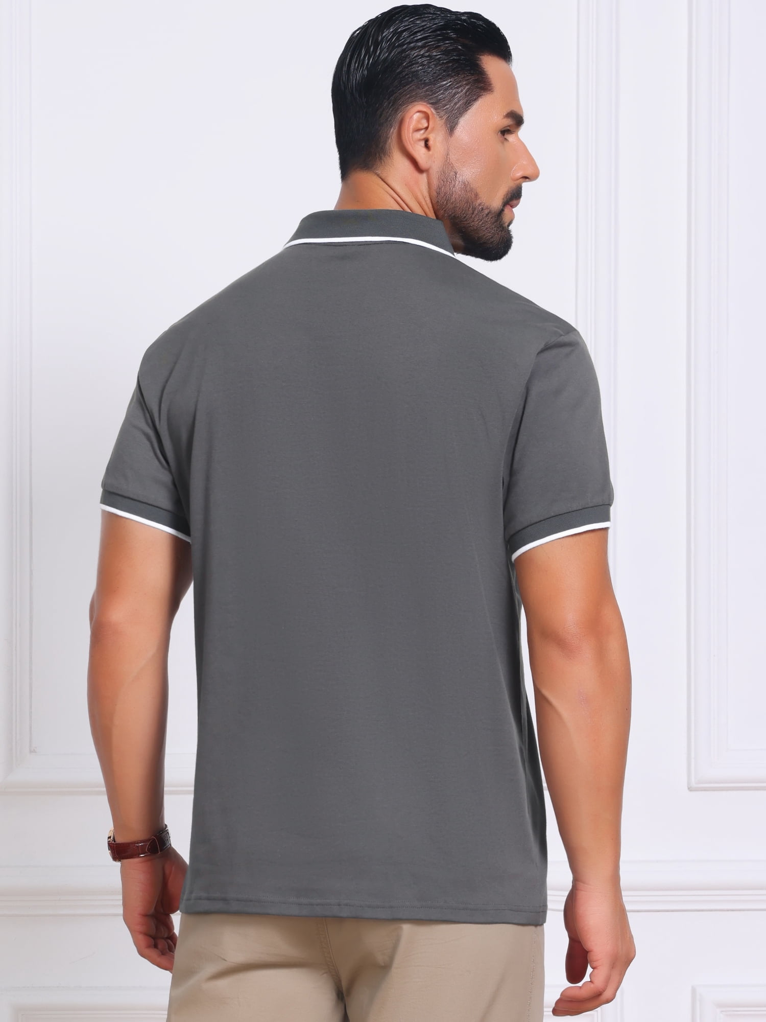 DARING DIVA Men's Contrast Trim Short Sleeve Button Closure Polo Shirts L Dark Gray