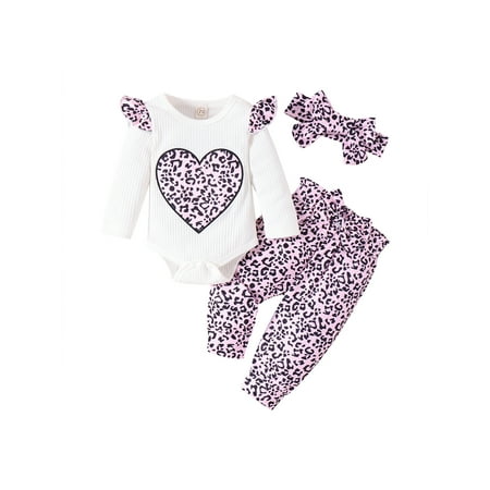 

Infant Baby Girls Jumpsuits Set Heart Leopard Print Long Sleeves Romper and Casual Pants Headband Outfit