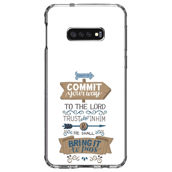 DistinctInk Clear Shockproof Hybrid Case for Samsung Galaxy S10e (5.8" Screen) - TPU Bumper, Acrylic Back, Tempered Glass Screen Protector - Psalm 37:5 - Commt Your Way to the Lord
