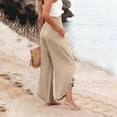 thumbnail image 4 of Wide Leg Linen Pants for Women Cropped Elastic Waist Ruffle Hem Beach Flowy Pants with Pockets Womens Spring Pant Light Brown L, 4 of 7