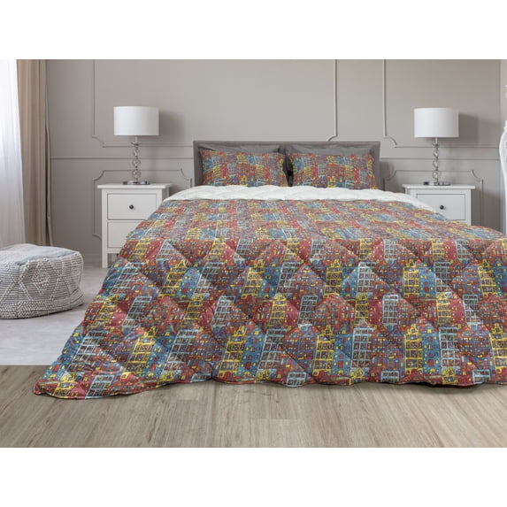 Cartoon Apartments Comforter & Sham Bedding Set, Amsterdam Holland Cityscape Urban Sketch with Colorful Windows Print, 3 pcs Duvet Set Microfiber Filling Quilt, 5 Sizes, Multicolor, by Ambesonne