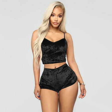 

FreshLook Women Deep V Sexy Lingerie Velvet Camisole Bow Shorts Set Bra Underwear Valentine s Nightgown Pajamas Black / XL