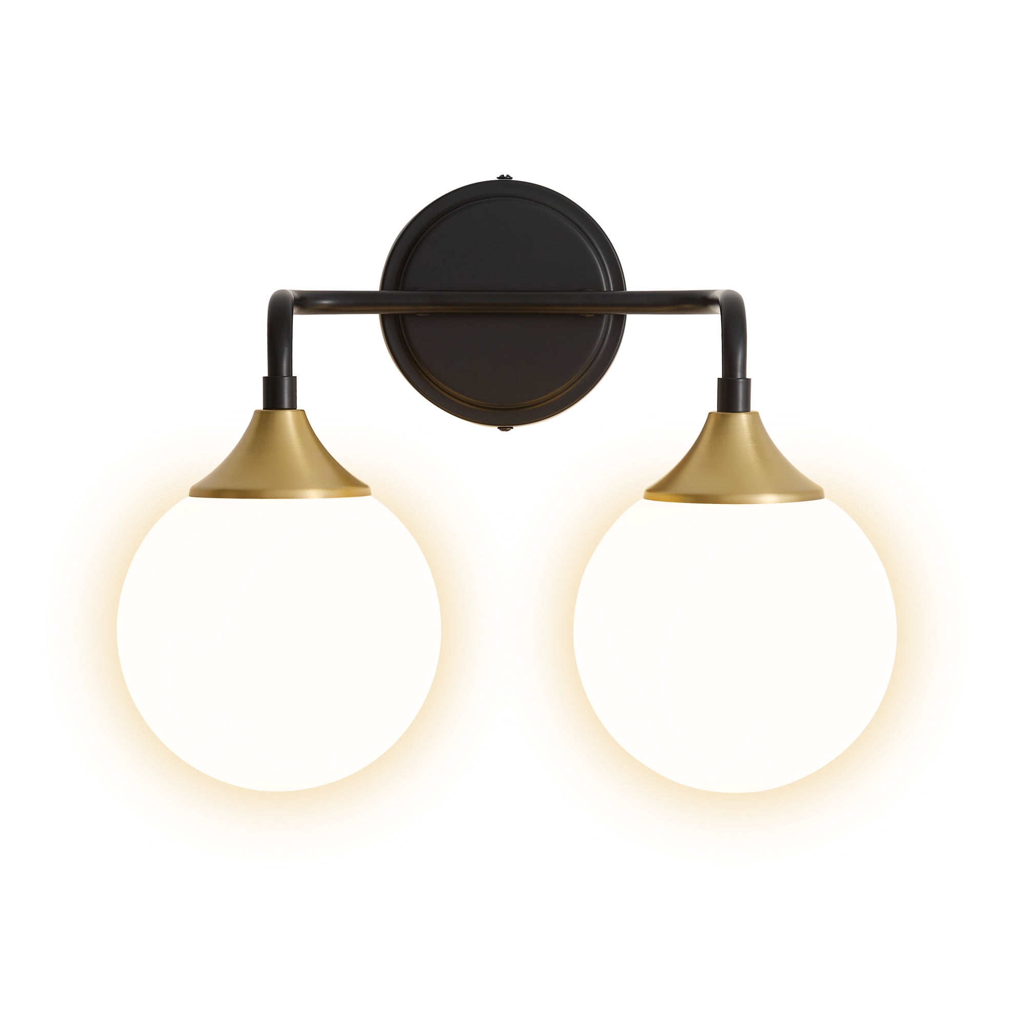 Deyidn 2-Light Black and Gold Modern Vanity Light, 14 Inch Dimmable Bathroom Light Fixture with Opal Glass Globes for Mirror