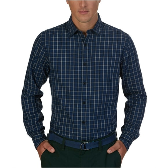 Nautica Mens Small Plaid Button Up Shirt, Blue, Medium