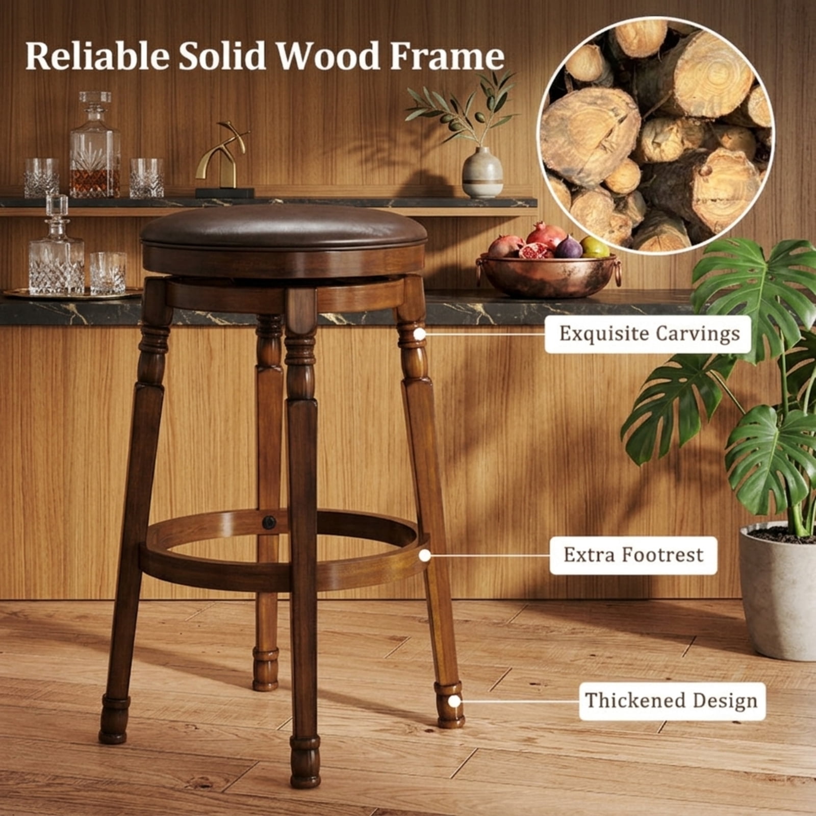 Furnibear Set of 2 29-Inch Swivel Leather Padded Dining Bar Stools for Kitchen Island Counter Bar Pub Dining Home, Walnut