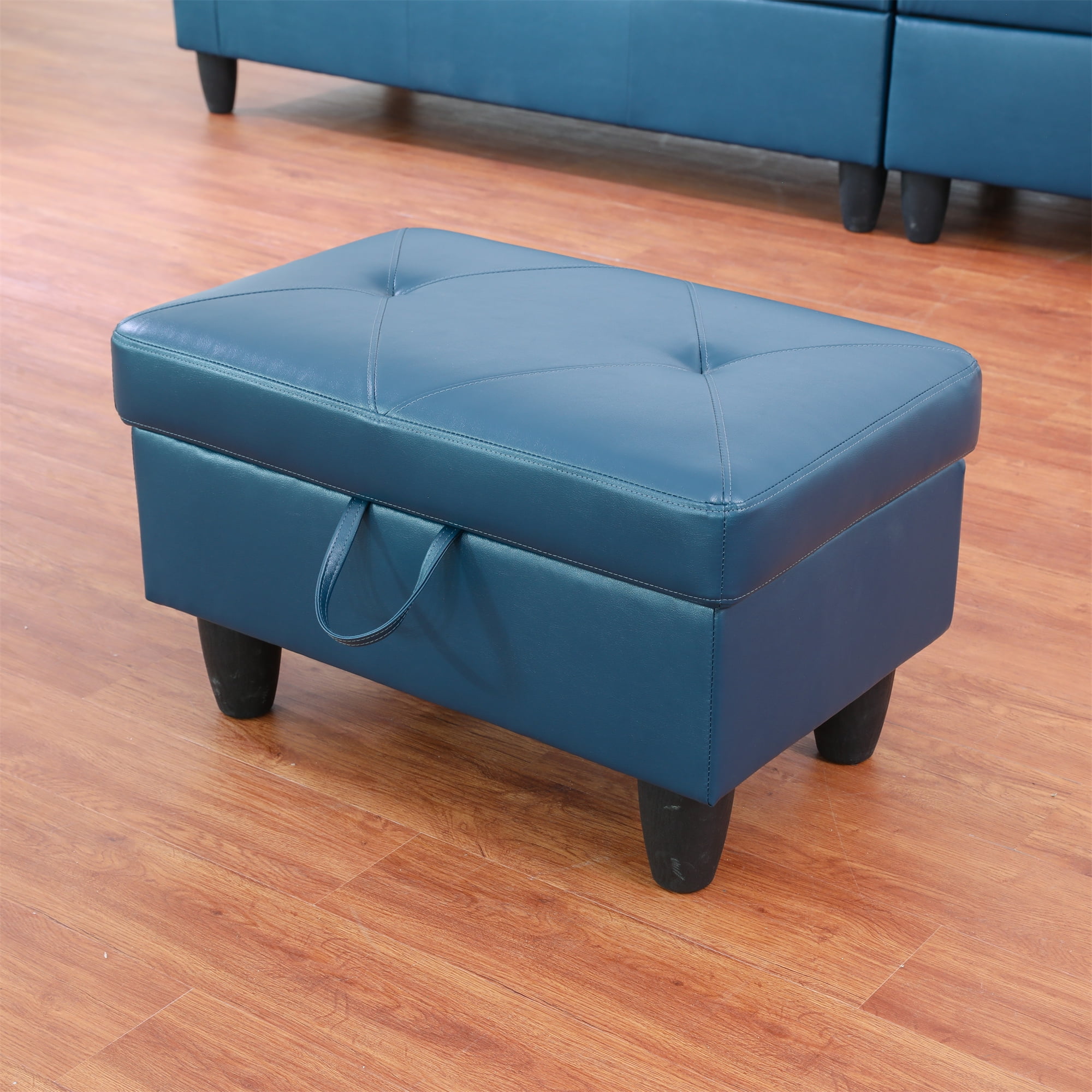 Aukfa 29" Storage Ottoman Bench for Sectional Sofa for Home Office, Lift Top , Leather, Blue