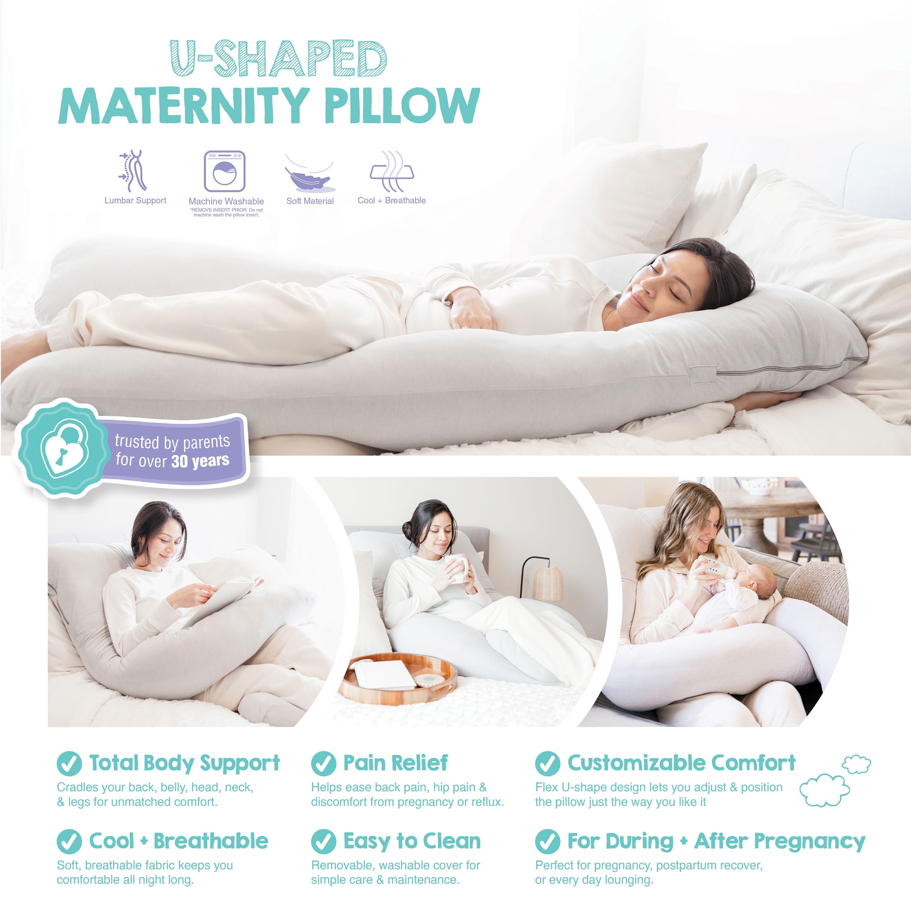 Regalo Premium Ultra Soft U-Shaped Maternity Pillow Full Body Support Grey