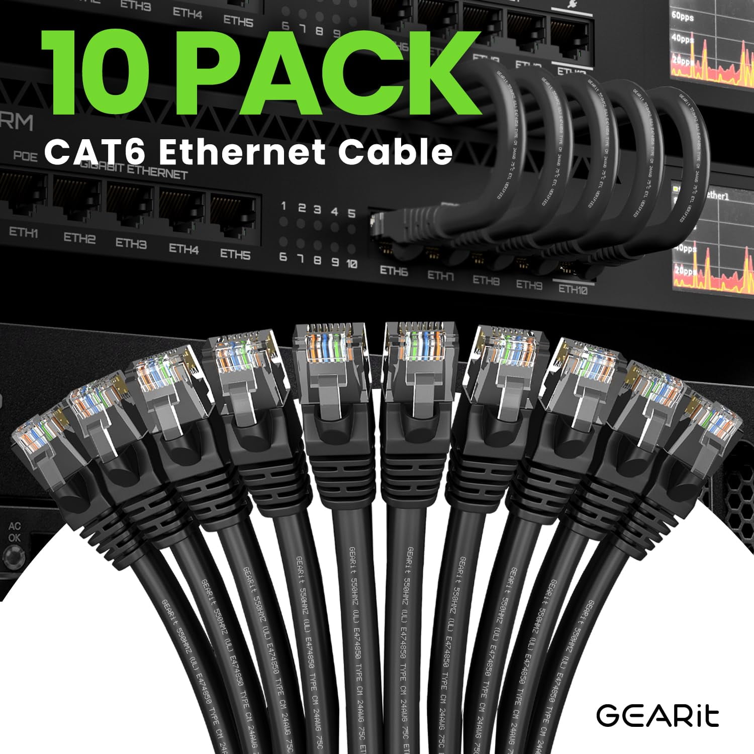 GearIt Cat 6 Ethernet Cable Cat6 Snagless Patch - Computer LAN Network Cord, Black - Compatible with 10 Port Switch POE 10port Gigabit