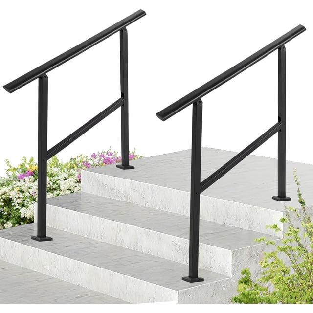 3-Step Adjustable Outdoor Stair Handrail Kit Metal Iron and Aluminum 75 Angle Complete Set for Porch Deck Garden - 2-Pack