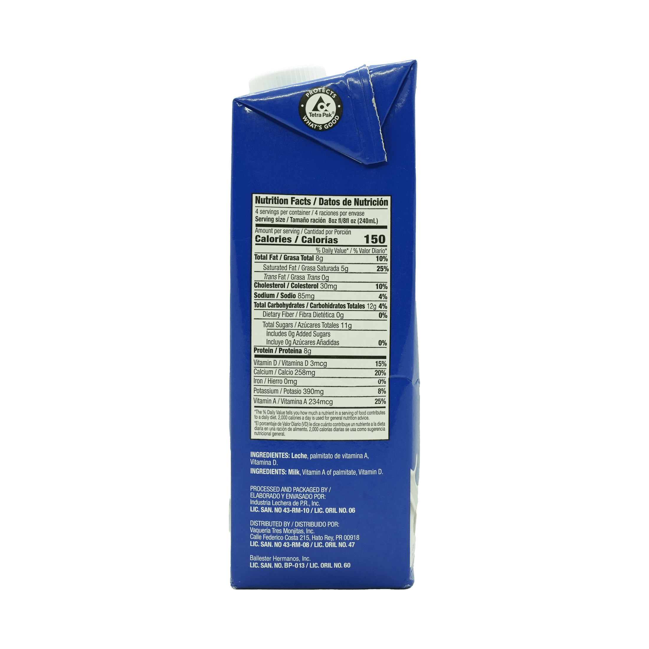 Tres Monjitas Uht Whole Milk, 32oz, Ultrapasteurized, R-BST Free, Carton