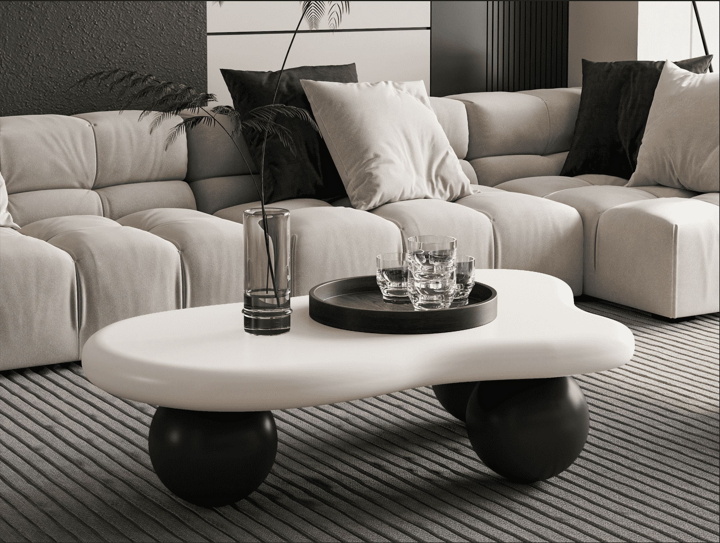 MDQMD 40”Cloud Coffee Table White Black ,Irregular Coffee Table,with 3 Ball Legs,Modern Coffee Table,Accent Center Table for Living Room