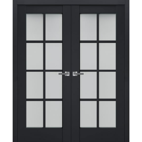 Interior Solid French Double Doors Frosted Glass | Veregio 7412 Antracite | Wood Solid Panel Frame Trims | Closet Bedroom Sturdy Doors -36" x 84" (2* 18x84)