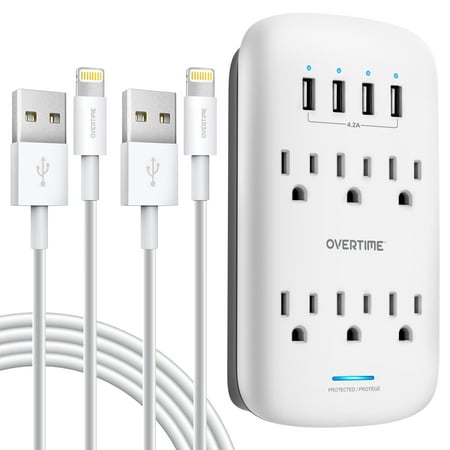 Overtime Outlet Extender – 6 AC Outlet with 4 USB Ports Wall Charger Surge Protector With 2 Pack MFi Certified 4ft Lightning Cable