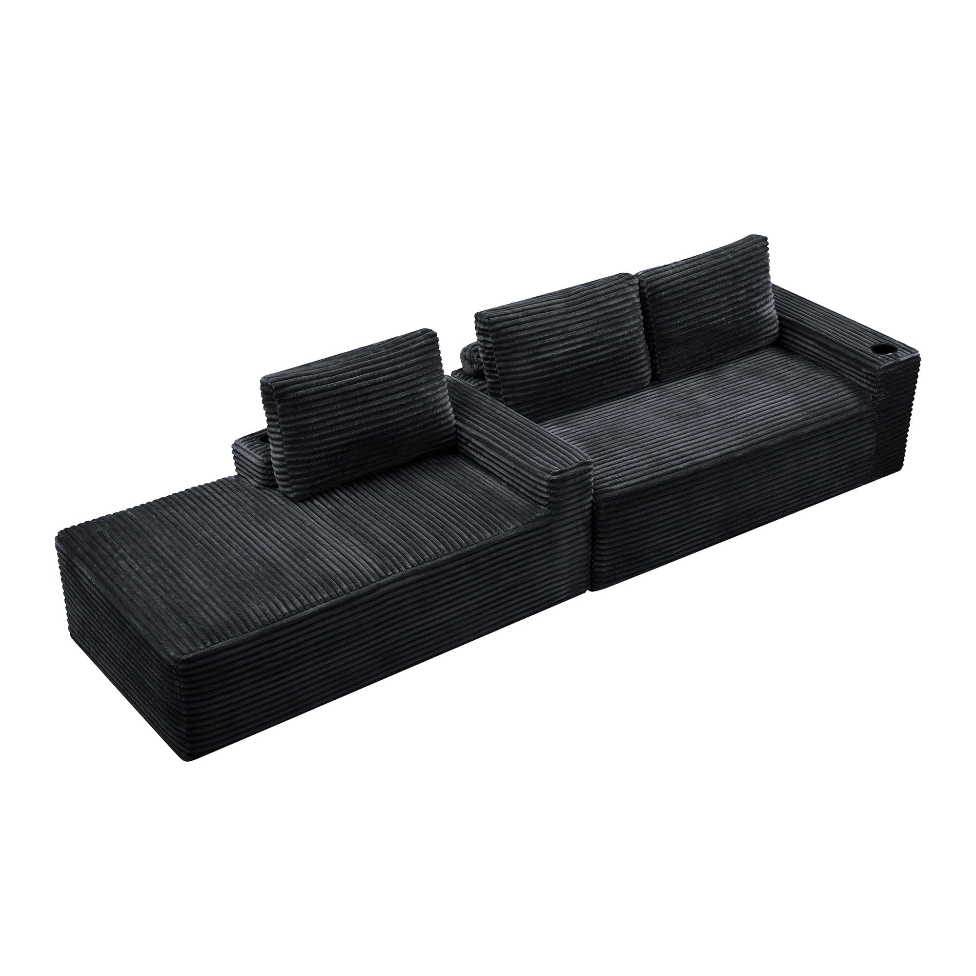 104" Modular Sectional Sofa, L-Shaped Couch with Convertible Chaise, Corduroy Deep Seat Comfy Sectional with Storage Pockets & Cup Holders, No Assembly Couch for Living Room, Black