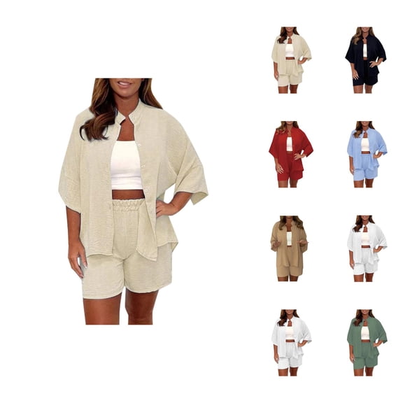 Short Sets for Women Loose Fit Short Sleeve Button Down Band Collar Shirt and Shorts 2 Piece Matching Set Lounge Set