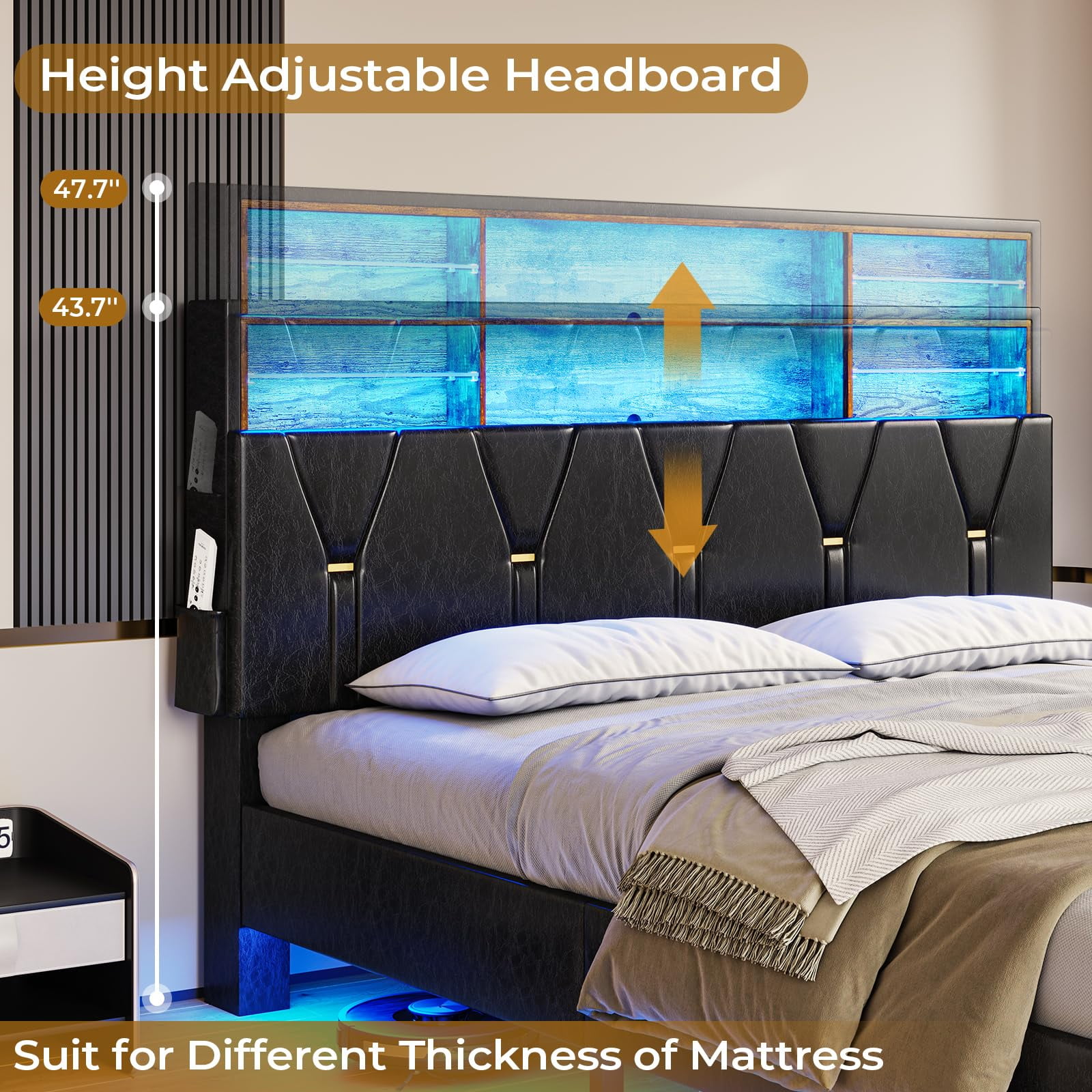 Afuhokles Queen Bed Frame with LED Lights and Charging Station, Storage Headboard Faux Leather Upholstered Bed, Black PU