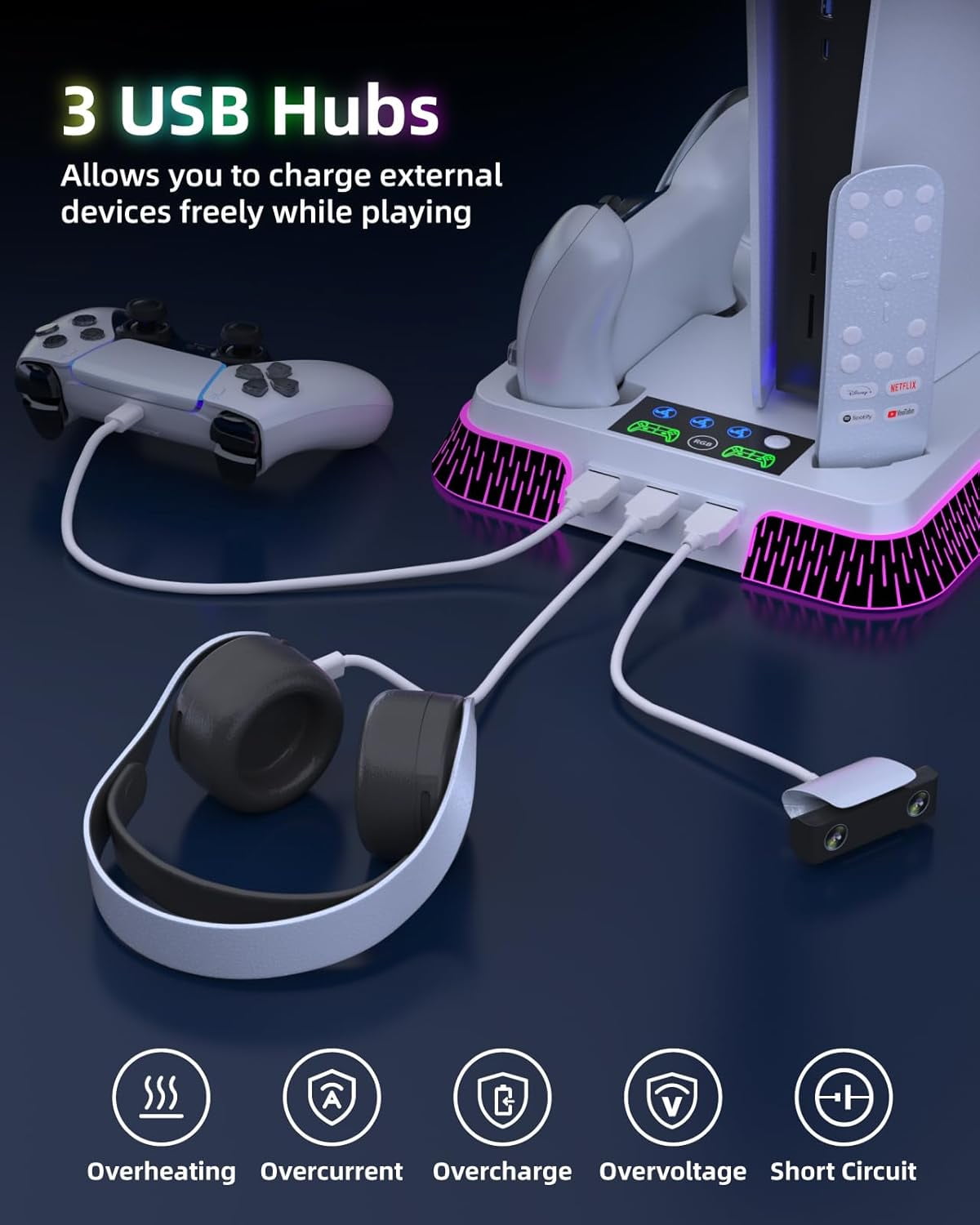 GAEKOL PS5/PS5 Pro/PS5 Slim Stand and Cooling Station, Controller Charging Station for PlayStation 5 Console, PS5 Stand Controller Charger for Disc & Digital with Cooling Fan