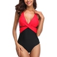 thumbnail image 5 of Attraco Women One Piece Swimsuit Front Cross Backless Sports Racerback Fashion Color Block Swimwear, 5 of 7