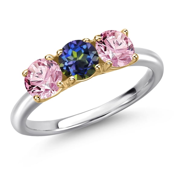 Gem Stone King 925 Silver and 10K Yellow Gold Blue Mystic Topaz and Pink Lab Grown Diamond Engagement Ring for Women | 1.50 Cttw | Round 5MM | Gemstone November Birthstone | Size 9