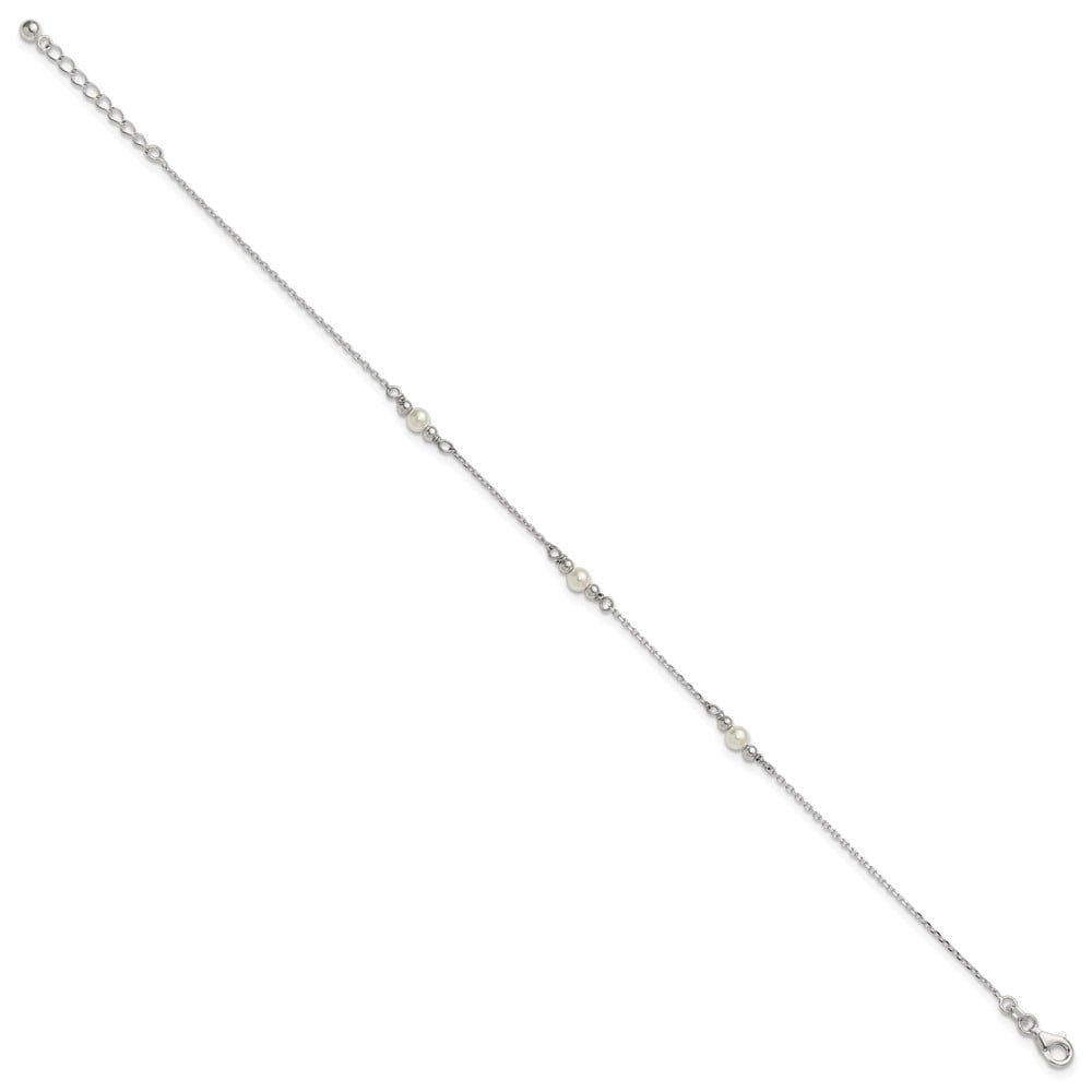 Sterling Silver Polished and Beaded with Acrylic Pearl 9 in with 1 inch Extension Anklet