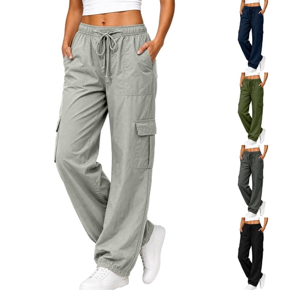 ManxiVoo Women's Elastic Waist Cargo Pants Lightweight Loose Wide Leg Jogger Trousers with Multi Side Pockets Casual Utility Bottoms for Outdoor Daily Active Wear