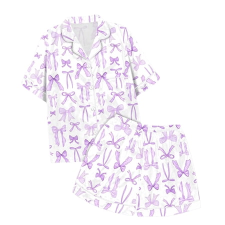 JCCXIN Kids Girls Pajamas Set Sleepwear Short Sleeve Bow Graphic Button Down Top And Shorts 2 Pc Nightwear Lapel Casual Daily Home Comfort Loungewear Purple 2-3 Years
