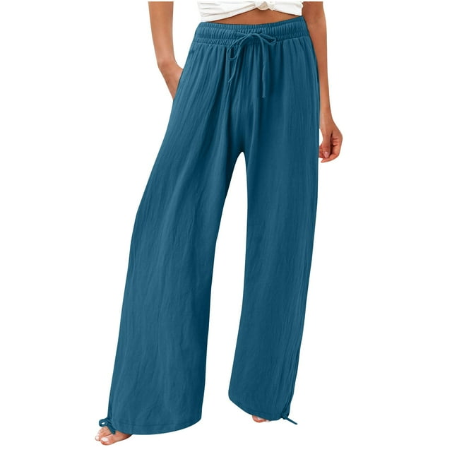 Yuyuzo Womens Pants Solid Color Elastic Waist Drawstring Casual Wide Leg Pants Ladies Loose Lounge Pants For Workout