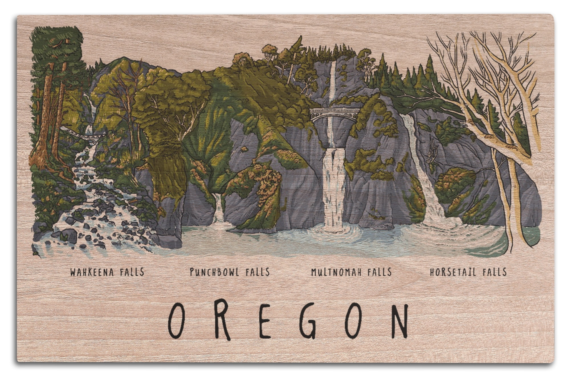 Oregon, Waterfall Montage Birch Wood Wall Sign (12x18 Rustic Home Decor ...