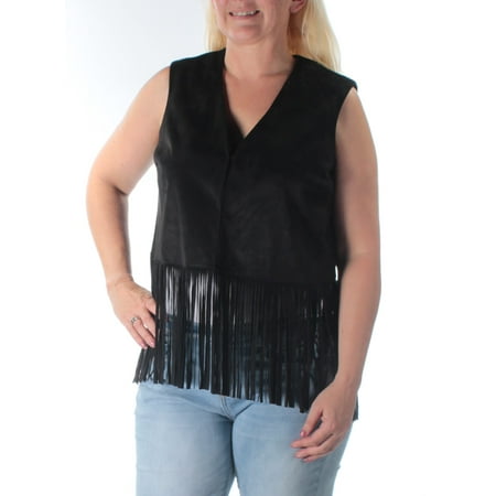 Suede Western Vest - WILDFLOWER Womens Black Fringed Faux Suede Sleeveless Open Vest Top Size: L