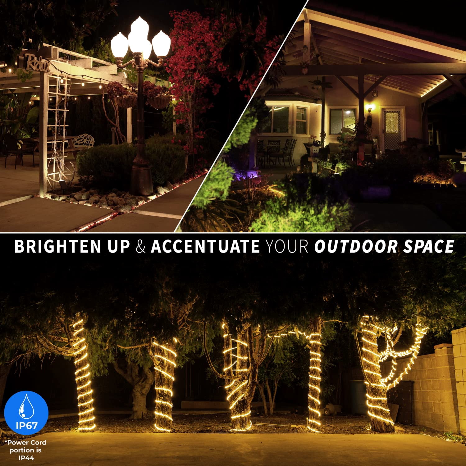WYZworks 100ft Warm White LED Outside Rope Light - 8 Modes, Waterproof Permanent Outdoor Accent Lighting w/Remote, Flexible Clear Tube,  Exterior Christmas Patio Palm Tree Yard Ambient