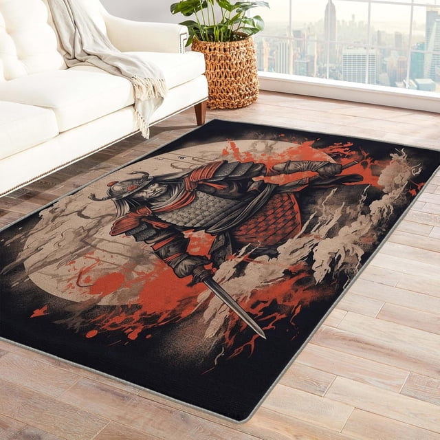 Samurai Area Rug - 3x5 Rug - Japanese Samurai Rug - Anime Theme Area Rug - Japan Black and Red Rugs - Boys Carpet
