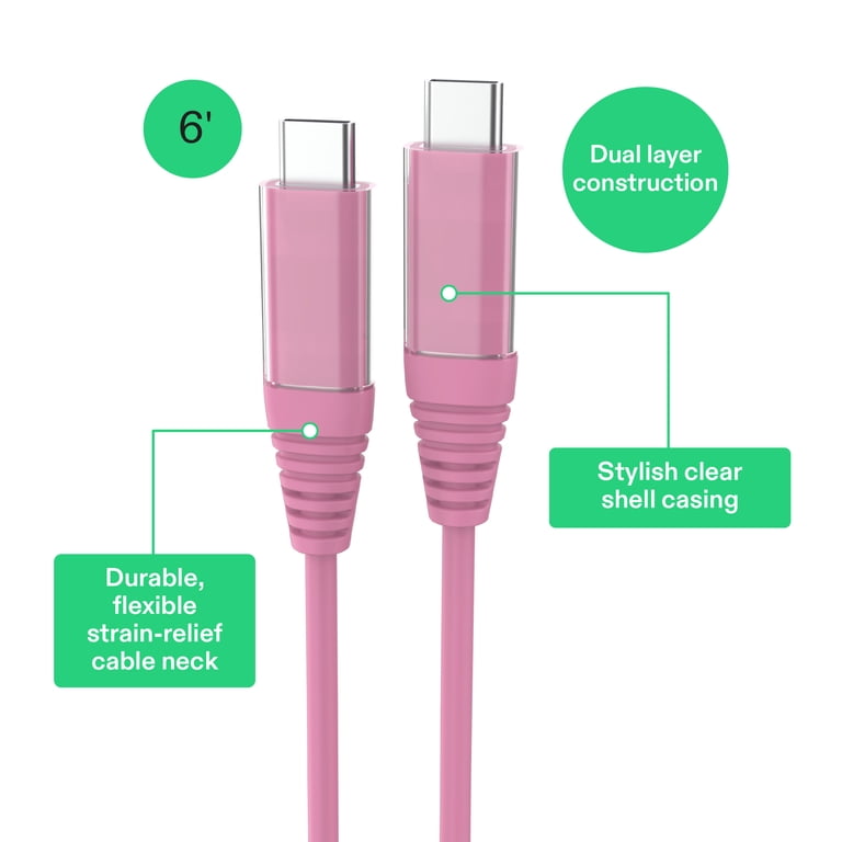 Onn+ USB-C to USB-C 6-Foot Charging Cable Pink Fast Data Transfer