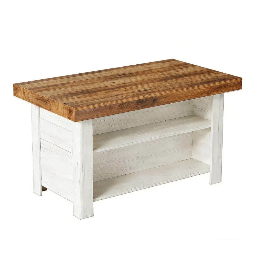 Fnova 55" Farmhouse Kitchen Island with Storage, Wooden Kitchen Table with 2-Tier Storage Shelves & Large Worktop, Modern Large Counter Height Table for Kitchen Prep & Dining