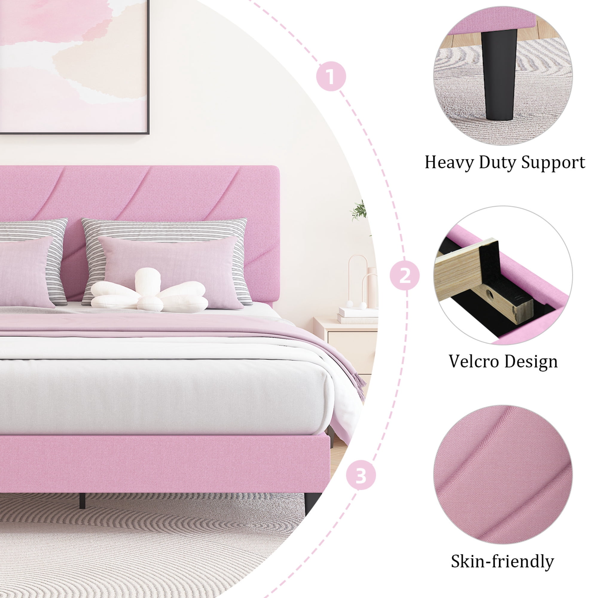 4 EVER WINNER Full Size Bed Frame with Adjustable Headboard, Full Bed Frame with Linen Fabric Upholstered, Strong Wooden Slats, No Box Spring Needed, Noise Free, Easy Assembly, Pink