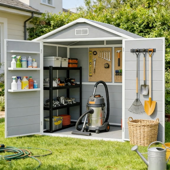 Outdoor Storage Shed with Floor, Lofka 6' x 4' Resin Outdoor Shed with Side Windows for Garden, Patios, Backyards, Gray