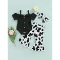 thumbnail image 3 of Musuos 3Pcs Baby Girls Romper Outfit, 6 12 18 24M Bow Short Sleeve Suspender Jumpsuit + Irregular Spot Bell-bottomed Pants + Headwear, 3 of 10