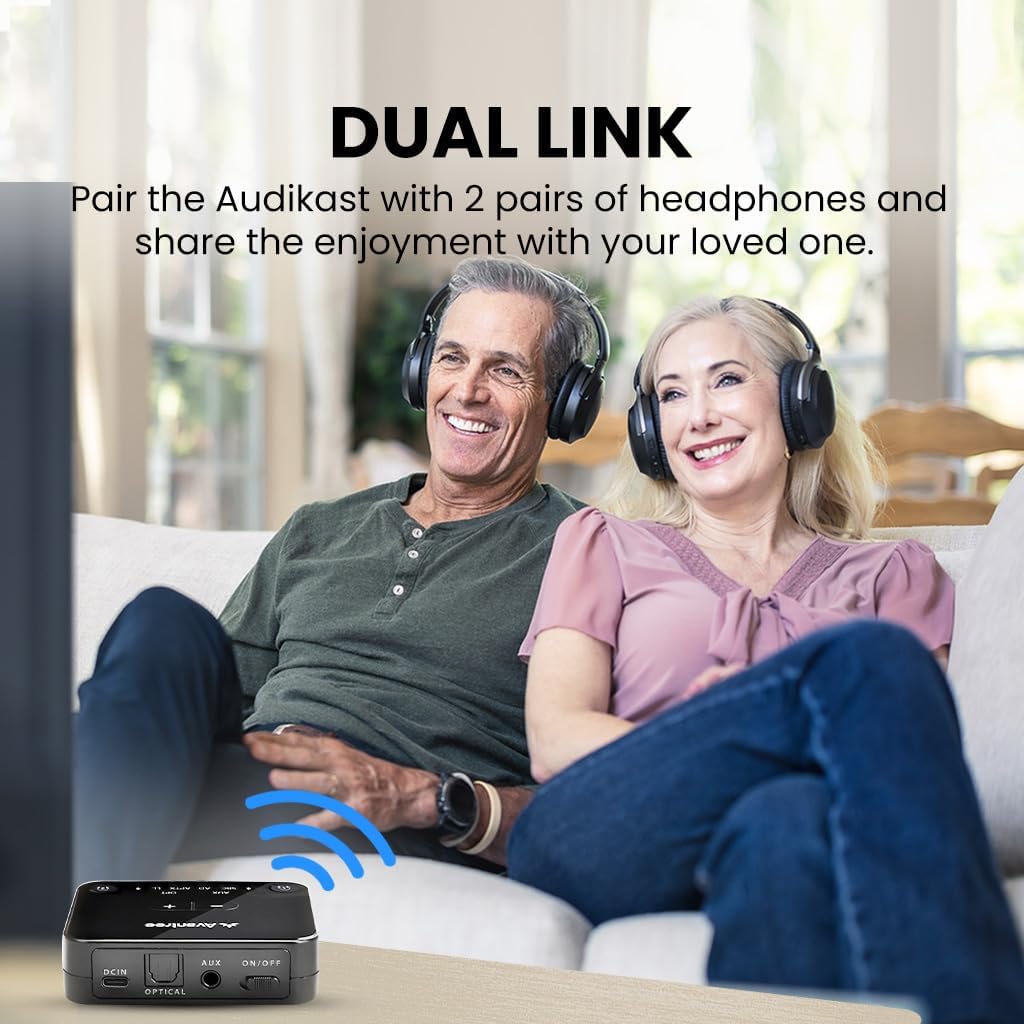 Avantree Audikast 3- Bluetooth 5.3 Transmitter for TV with Optical or AUX Audio Output Port, aptX-Adaptive & Low Latency, Dual Link for 2 Headphones, and 100ft Long Range