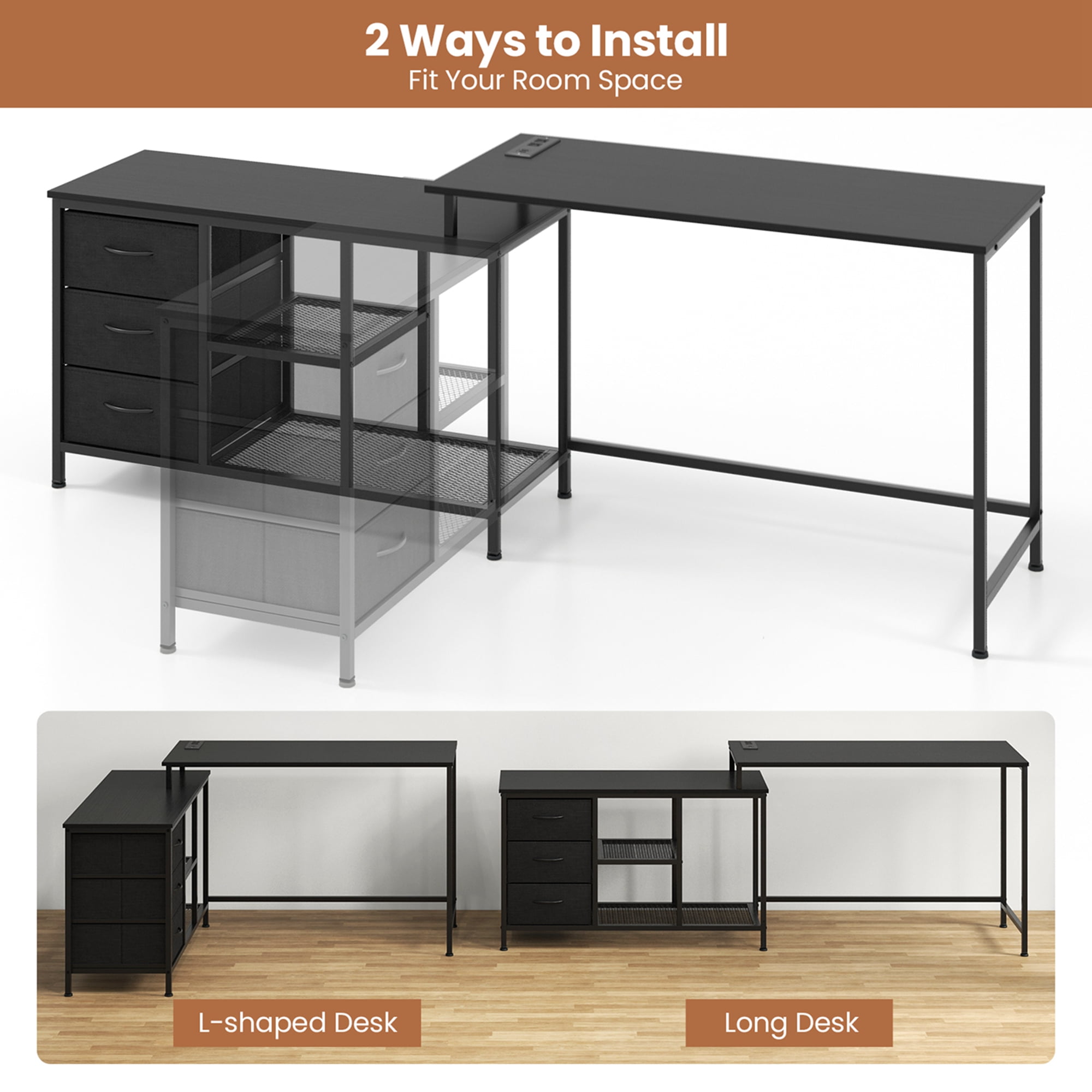 Costway L-shaped Computer Desk with Power Outlet, Fabric Drawers, Metal Mesh Shelves Black