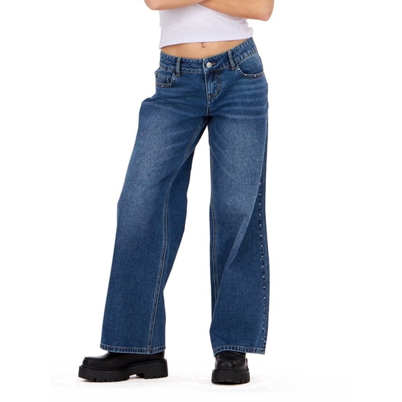 Forever 21 Women's Low Rise Wide Leg Denim Pants with Stud Details - Relaxed Fit Jeans, Drawstring Waist Casual Street Style, Blue, 8