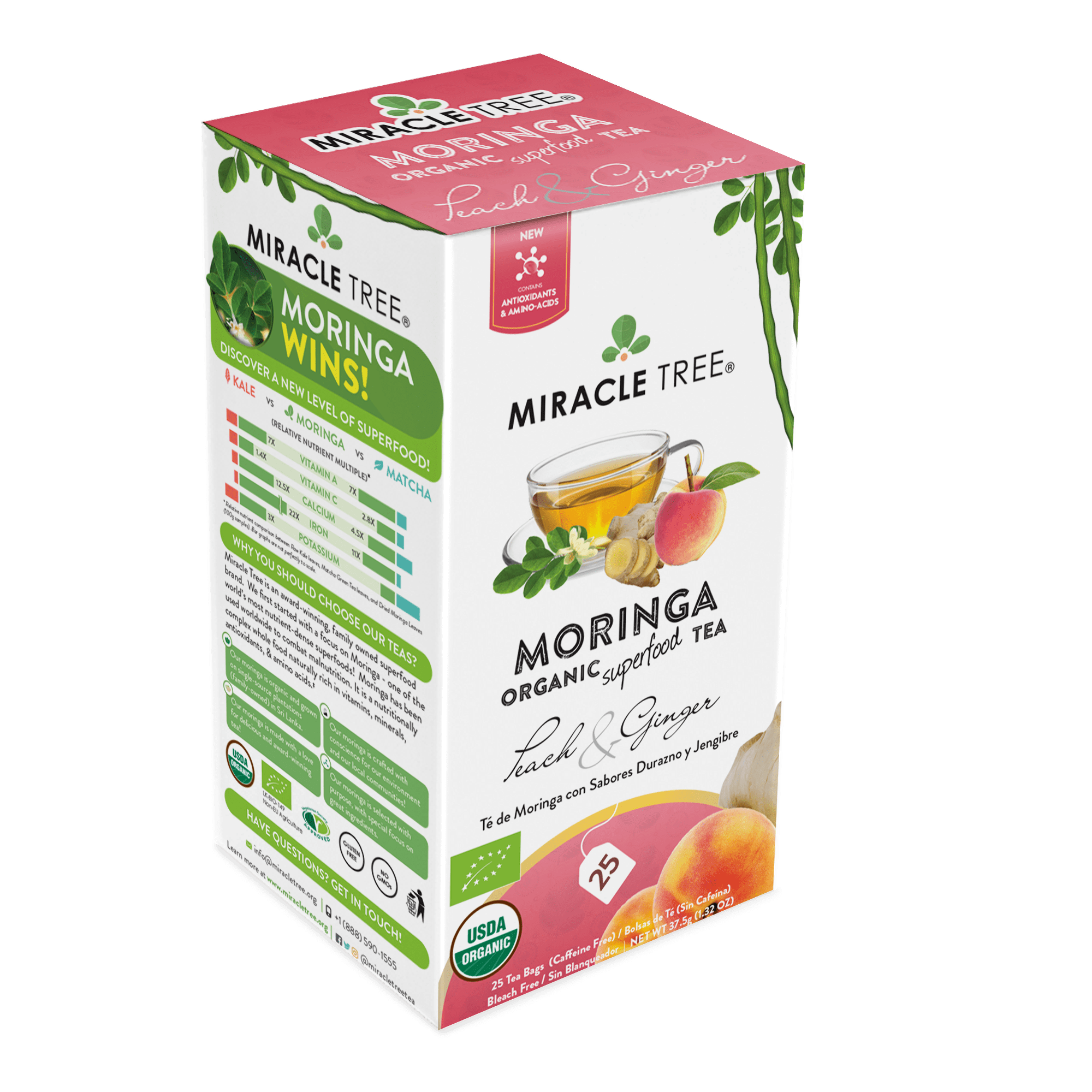 Miracle Tree Organic Superfood Herbal Moringa Tea, Peach & Ginger, 25 Enveloped Tea Bags, 6 Count